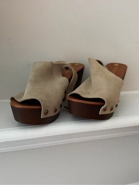 Mila Paoli Taupe Suede Studded Platform Clogs